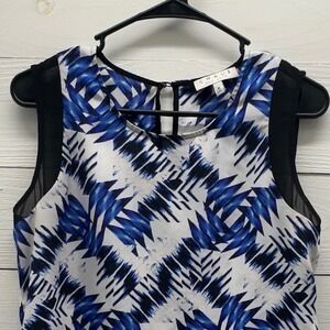 Chaus Sleeveless Blouse Womens Medium Blue White Geometric Print Excellent Mesh